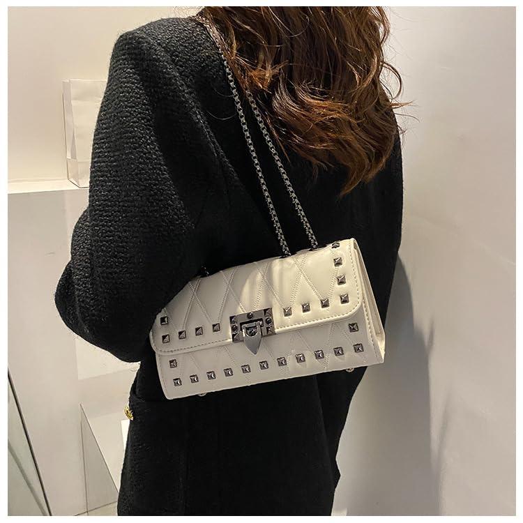 Women's Quilted Shoulder Bag Rivets Decor Medium Flap Leather Crossbody Handbag Chain Strap Stylish Clutch Purse3