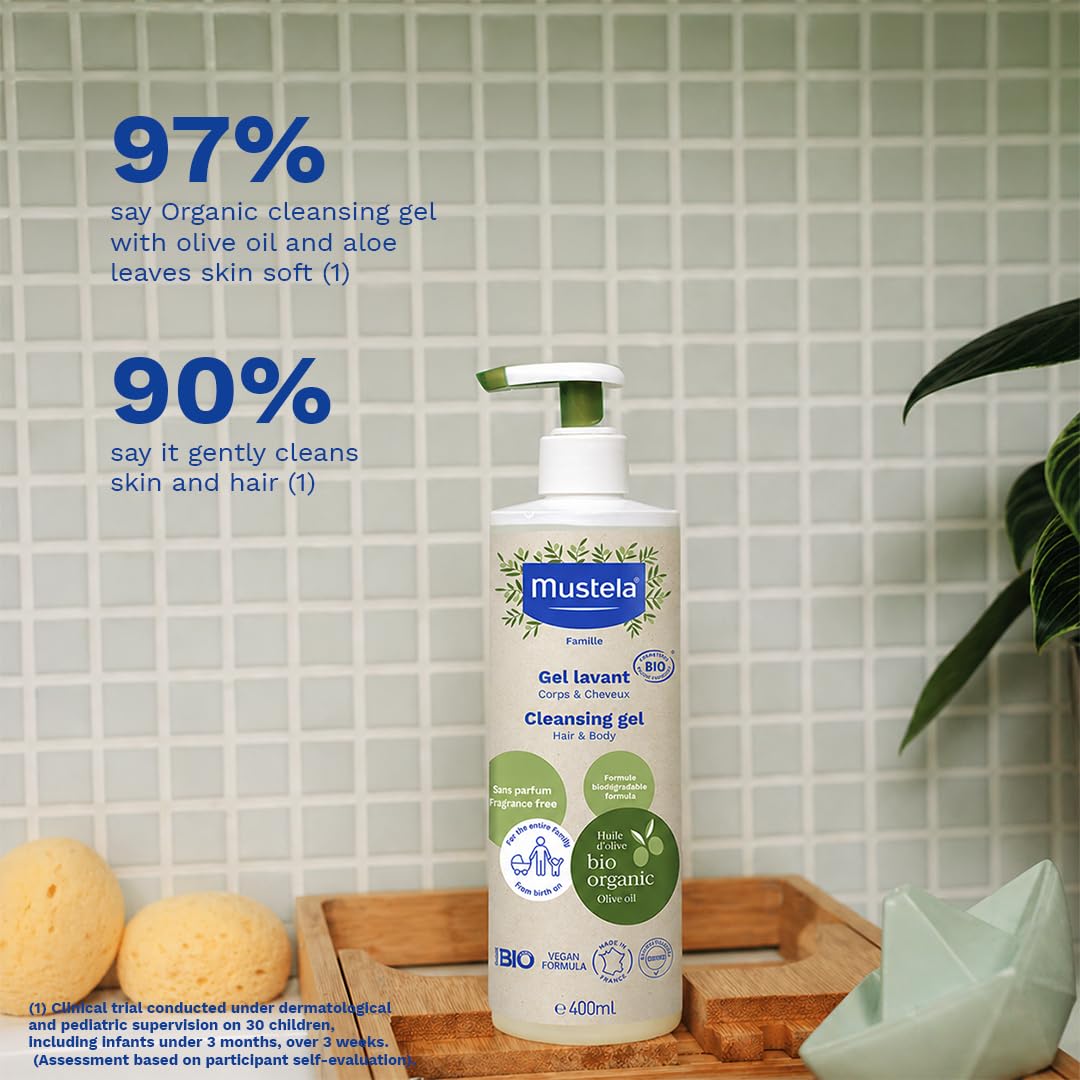 Mustela wegański organiczny żel czyszczący z oliwą z oliwek, aloesem i gliceryną, ciało i włosy, niemowlę, cała rodzina - delikatne czyszczenie bez suszenia, 99% składników pochodzenia naturalnego