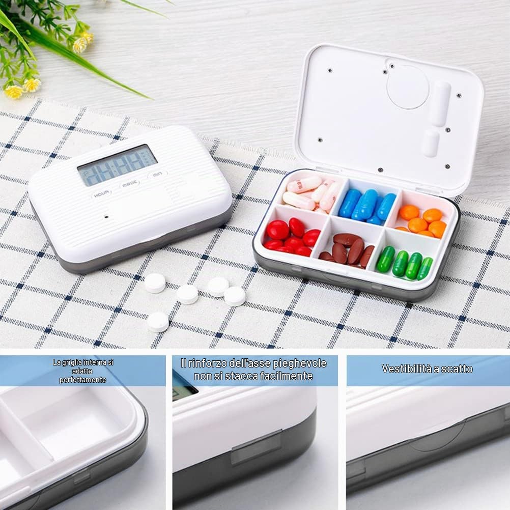 Portapillole Quotidiano,Dispenser di Pillole con Allarme Organizzatore di Pillole Elettronico con Display LCD 6 Scomparti Promemoria Pillole Digitali Mini Portapillole Portatile da Esterno con Allarme