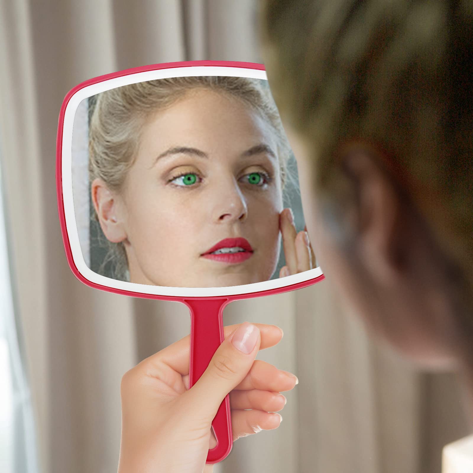 DVHOK 2Pcs Handheld Mirror, Portable Hand Mirror with Hanging Hole in Handle, Red 26.4L x 18.8W cm, 2 Pcs - 26.4L x 18.8W cm - Image 4