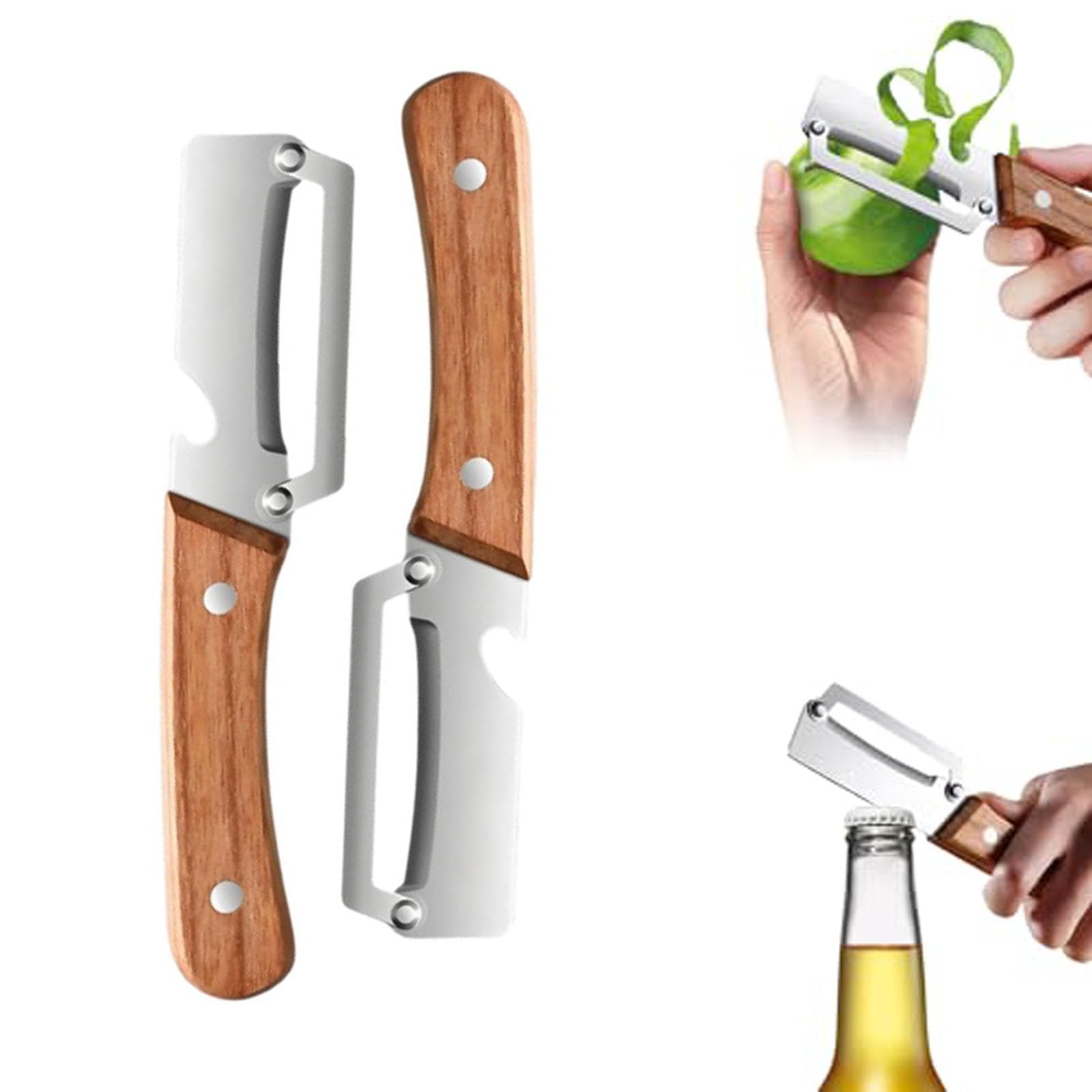 2 Pcs Multi-Functional Vegetable Peeler for Kitchen, Multi Functional Peelers with Wooden Handle and Bottle, Ultra-Sharp Stainless Steel Blade & Ergonomic Wood Handle for Fruit Veggie Pumpkin - 2