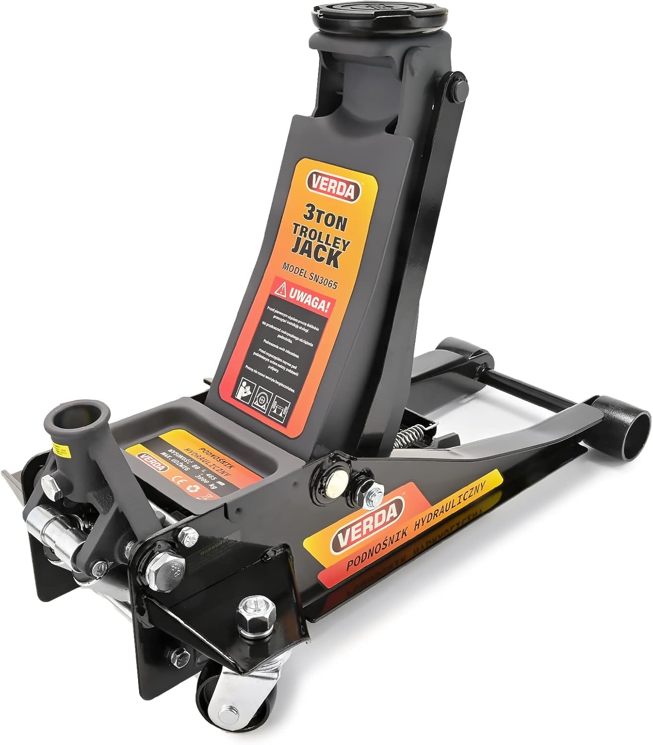Verda Cric hydraulique rouleur 3T Profil Bas 80–465 mm, Double Pompe Double Piston, avec 2 Patins en Caoutchouc et Gants de Montage, cric Voiture Professionnel Robuste, modèle SN3065