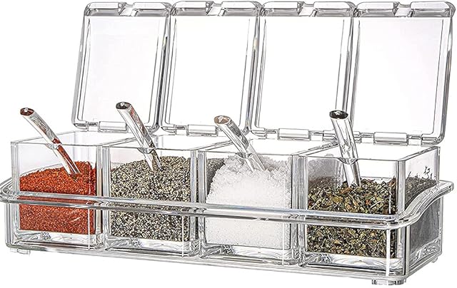 4 Pieces Set Clear Seasoning Box, Storage Container Condiment Jars, Spice Dispenser Jar, Airtight Acrylic Plastic Seasoning Box with Cover and Spoon for Sugar, Salt, Pepper, Spices