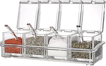MDDZ 4 Pieces Set Clear Seasoning Box, Storage Container Condiment Jars, Spice Dispenser Jar, Airtight Acrylic Plastic Seasoning Box with Cover and Spoon for Sugar, Salt, Pepper, Spices
