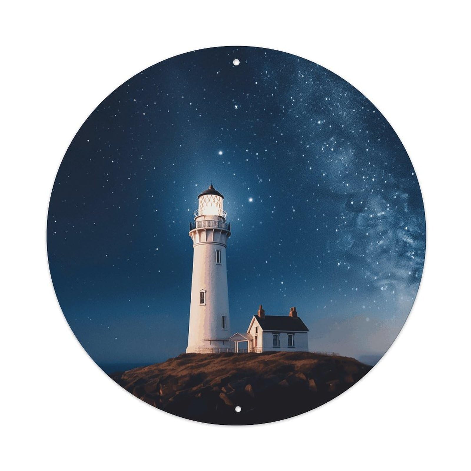 LZQPOEAS Lighthouse Under Starry Night Sky Round Aluminum Wall Art Sign, Metal Indoor Wall Decor with Holes, Durable Circular Aluminum Plaque for Home, Bar, Cafe, Living Room, And Office Decoration