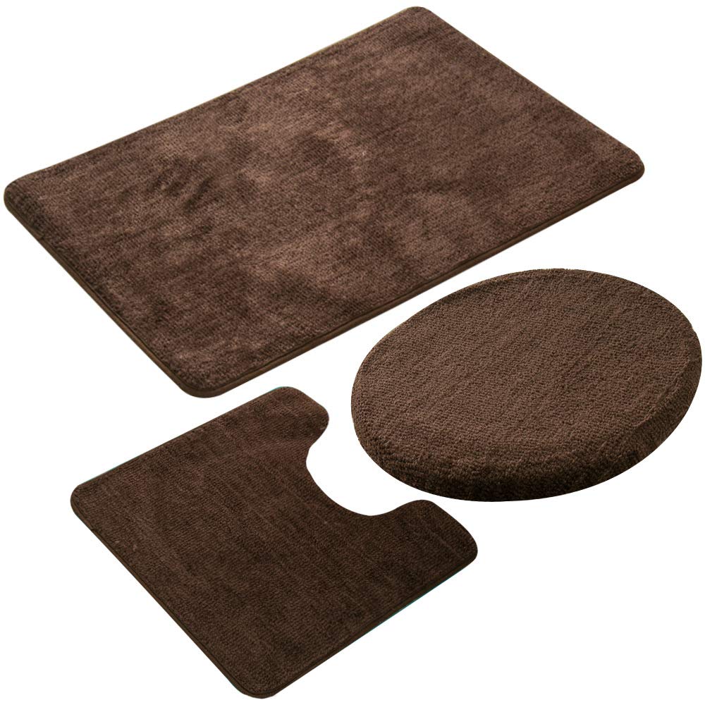 MIFXIN Bathroom Rug Set 3 Pieces Non-slip Soft Bathroom Mats Area Rug, Rectangular Floor Mat, U-Shaped Bath Mat, Toilet Lid Cover (Coffee)