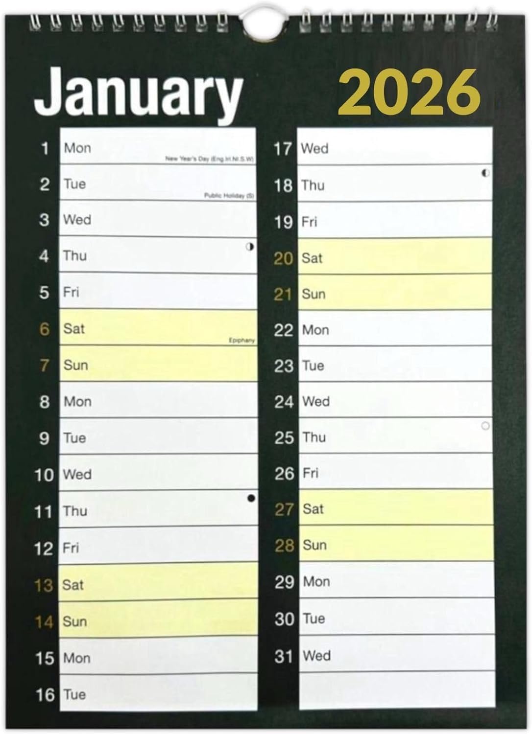 PaulStore 2026 Spiral Bound Month Wall Plan 2 Column Calendar Black And White