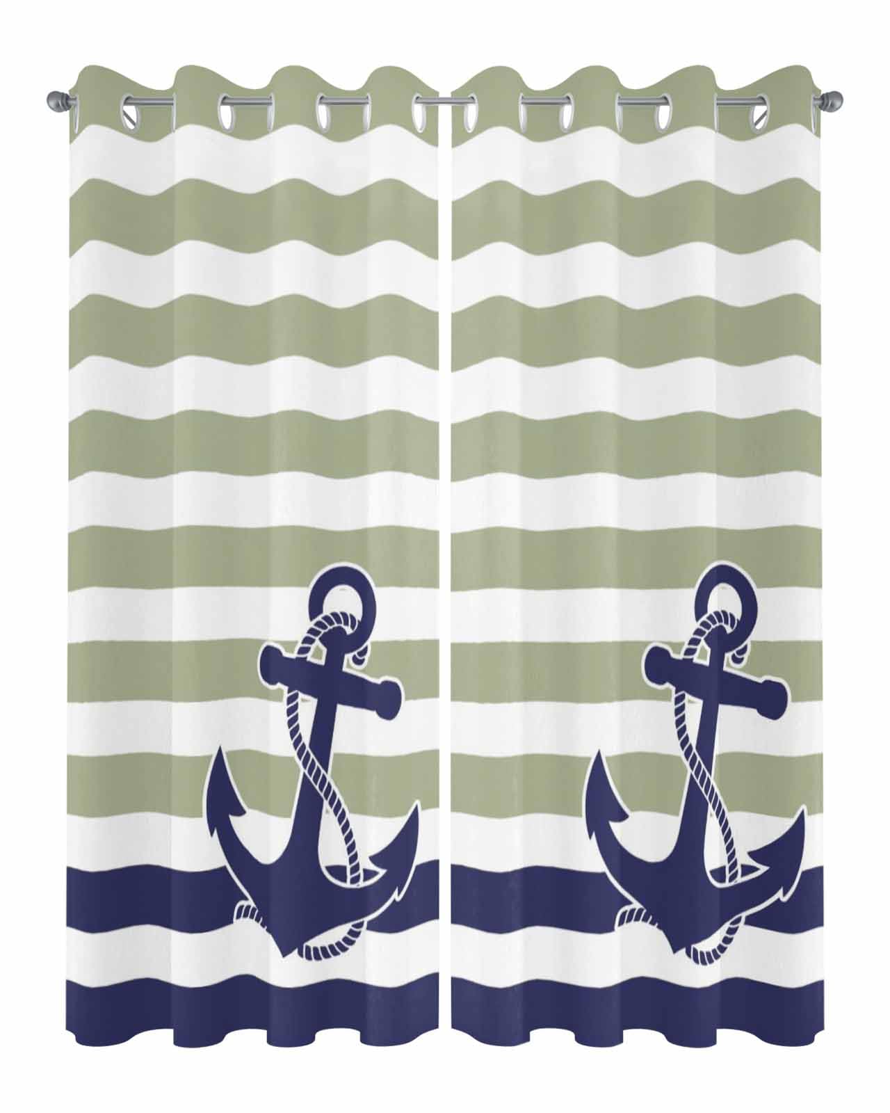 Waterproof Outdoor Curtains for Patio Porch, Nautical Anchor Watercolor Stripe Grommet Curtain Panel Windproof Outside Curtains Tieback, Retro Navy Blue Line Weighted Window Treatment Drapes