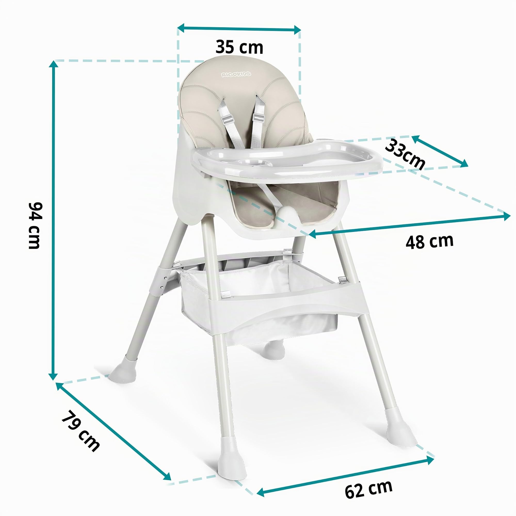 Ricokids Seggiolone 3 in 1 per bambini a partire dai 6 mesi, con cintura di sicurezza, pieghevole, facile da pulire, struttura regolabile in altezza, seduta rimovibile, cestino beige