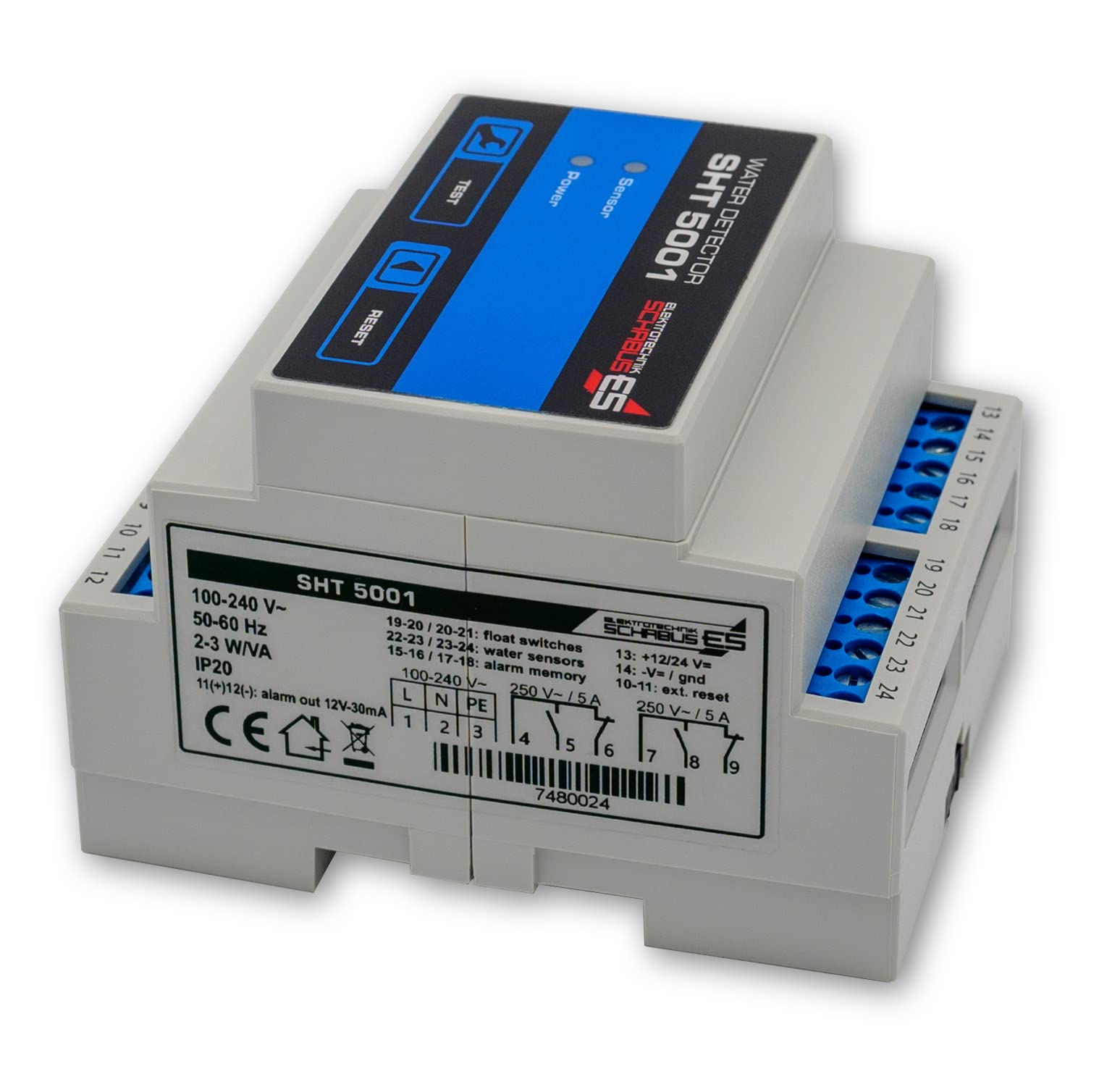 Schabus Wassermelder SHT 5001 DIN-Schiene, 2 Relais-Ausgänge | 2 Meldelinien, 12-24V DC, Professioneller Wasseralarm, Made in Germany
