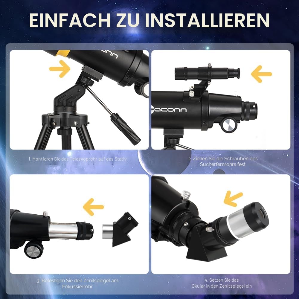 Teleskop für Erwachsene, 90 mm Blende, 600 mm Refraktor-Teleskop für Kinder und Anfänger, Teleskope für Erwachsene, Astronomie mit Handtasche und Handy-Adapter