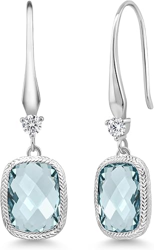 Gem Stone King Pendientes colgantes de plata de ley 925 con aguamarina simulada para mujer 460 quilates corte de tablero de ajedrez de 0512 x 0354in