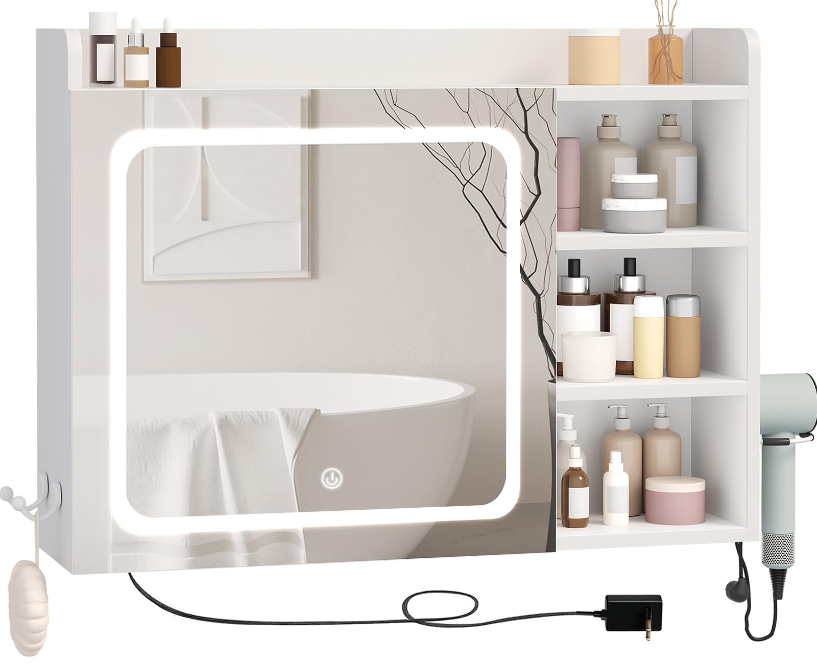 BEWISHOME Armario Espejo de Baño con Luz LED 3 Tonos Regulables | Mueble Espejo de Pared con Estantes Ajustables,Soporte y Ganchos para Secador de Pelo,Blanco 17.5 x 80 x 60 cm EYJG01W