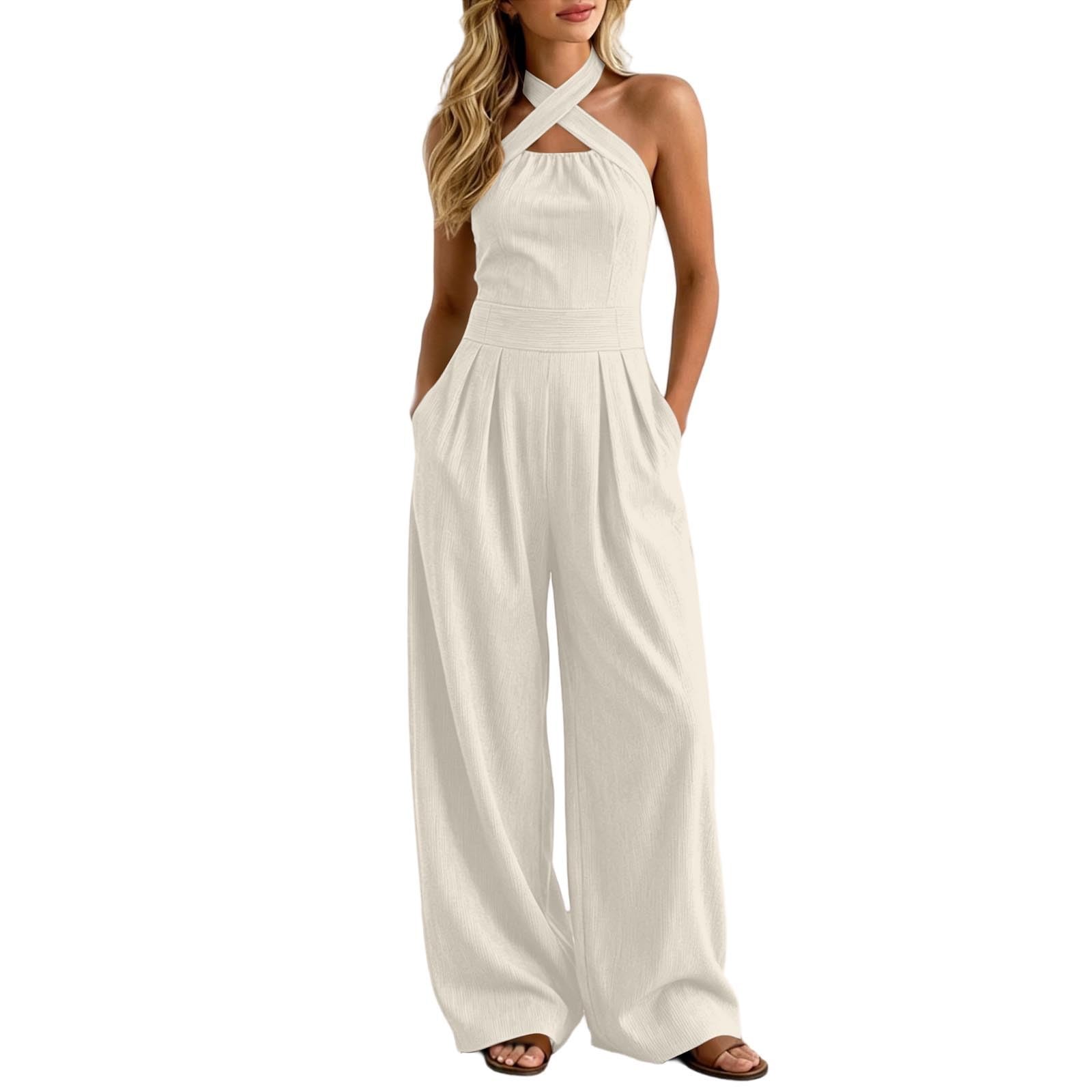 Tuta lunga da donna, estiva, elegante, allacciatura al collo, con scollo a V, tuta intera da donna, per ospiti di nozze, tuta a gamba larga, tuta aderente