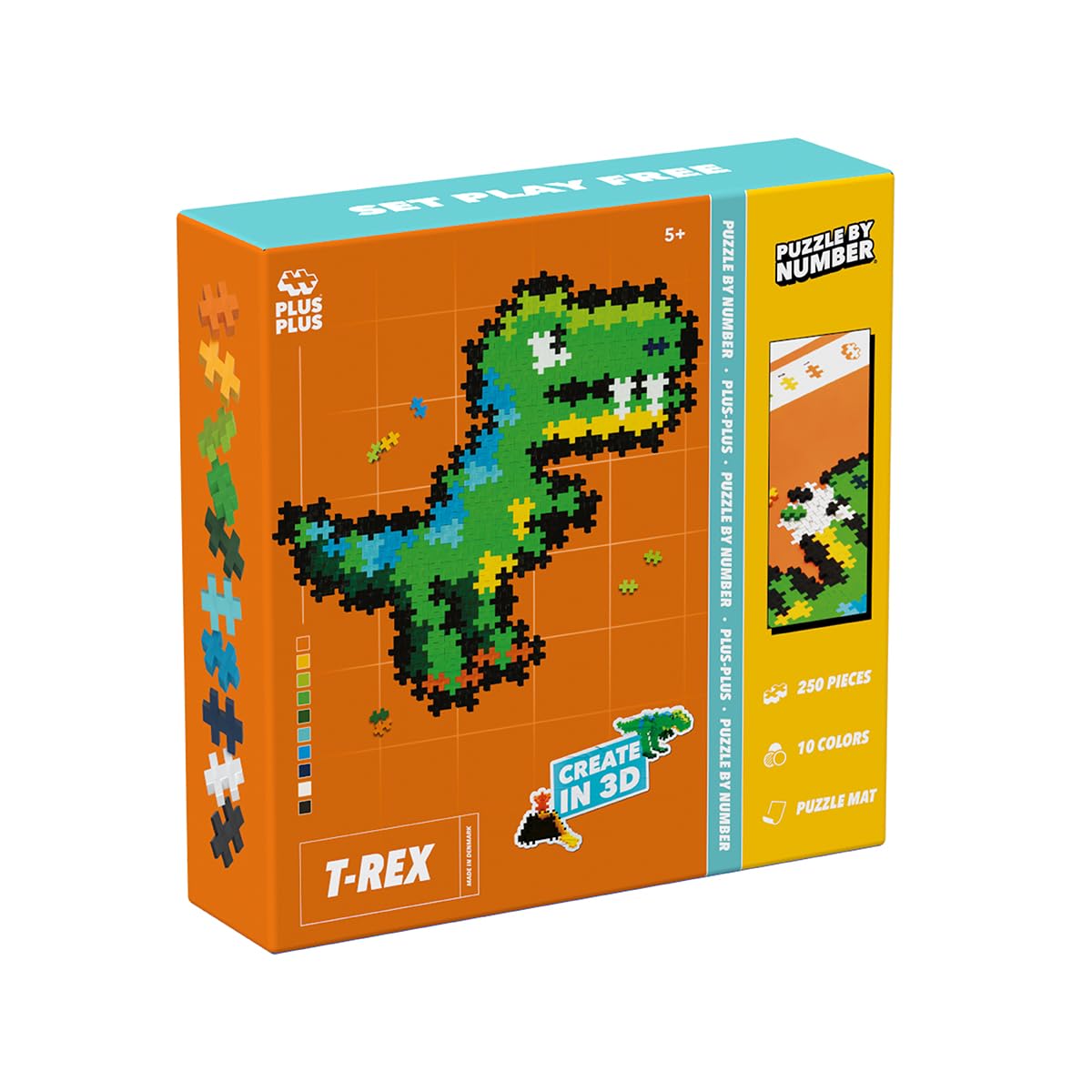 Plus-Plus - Puzzle by Number - T-Rex - 250 elementów - klocki, budowanie, zabawka edukacyjna dla dzieci, podróże, zabawka podróżna, wyprodukowane w Danii