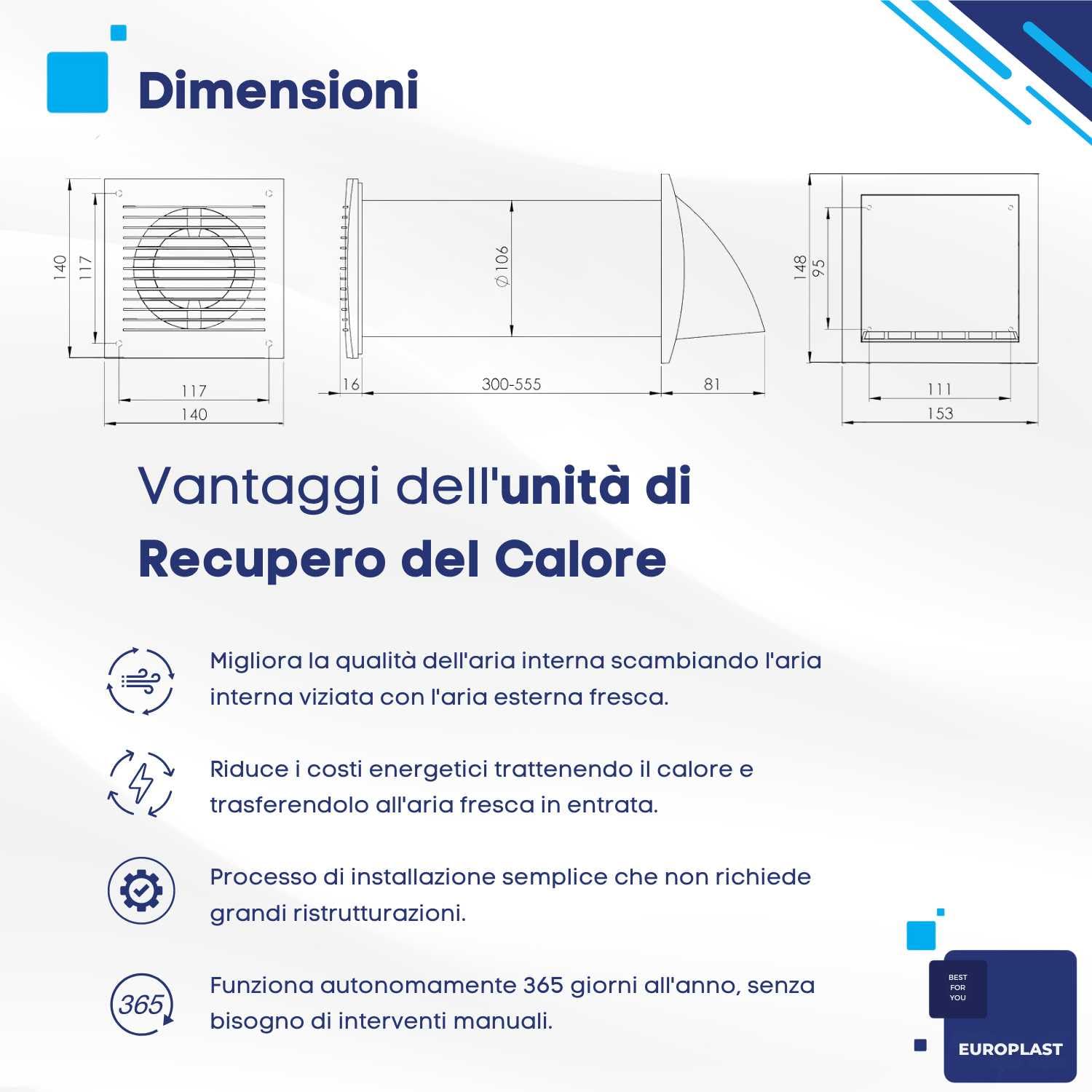 EUROPLAST Ø 100mm VMC Doppio Flusso Recupero Calore - VMC Recuperatore di Calore - Ventilazione Meccanica Controllata - Ventola Ricambio Aria - La Ventilazione Efficiente