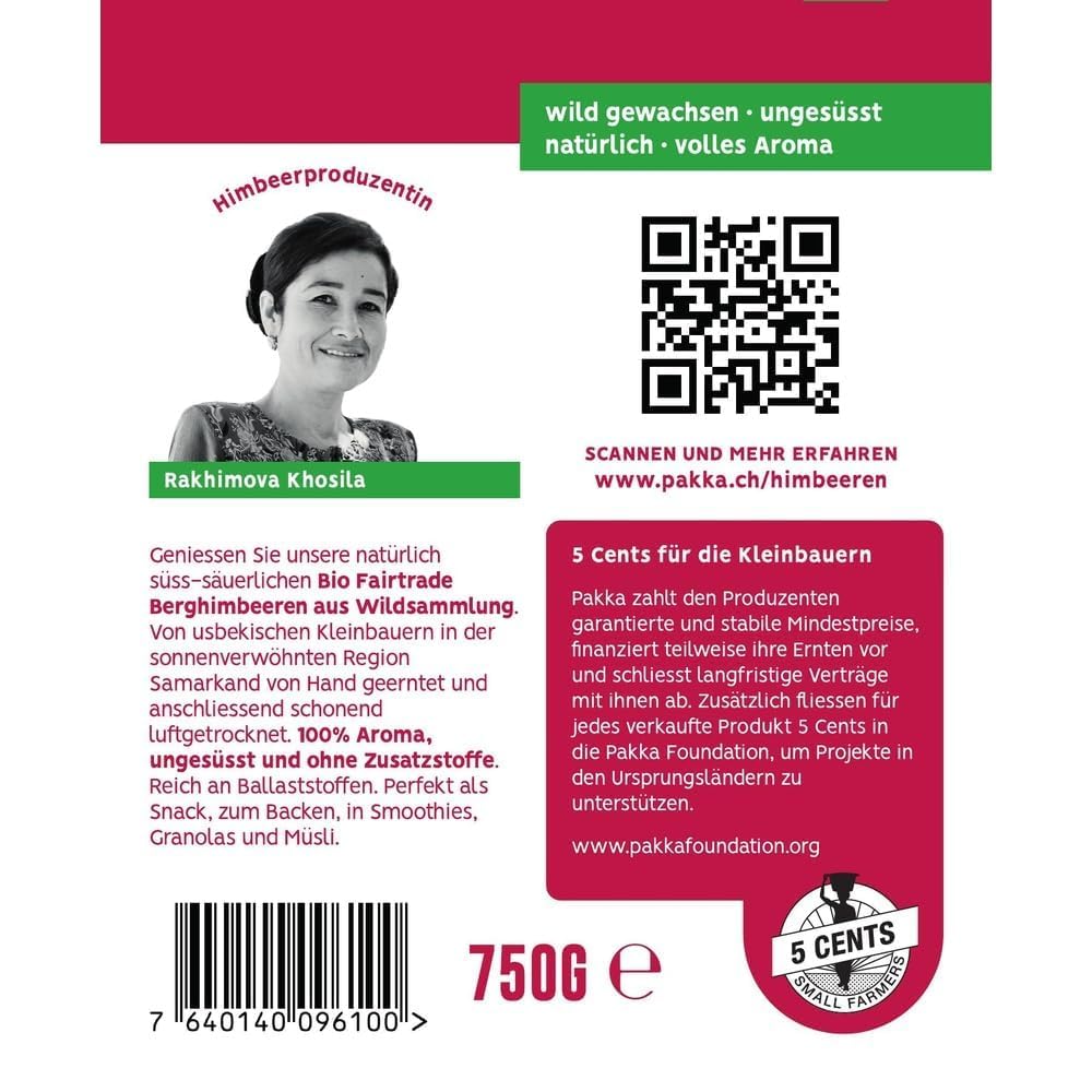 PAKKA – Framboises bio, issues du commerce équitable, séchées au soleil, non huilées, sans soufre ni sucre ajouté, cueillette sauvage, petits producteurs de Samarcande en Ouzbékistan, véganes (750 g)