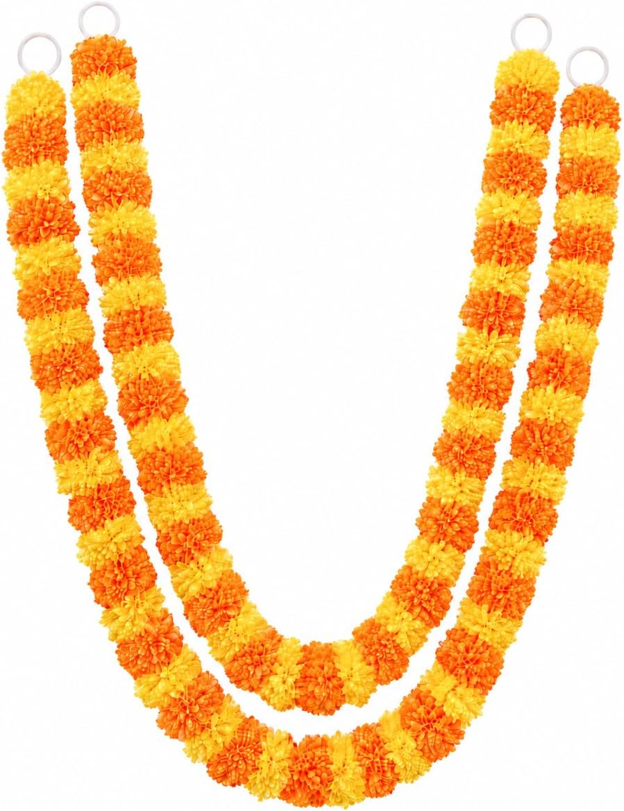 2 Pack Marigold Garland 5ft Orange and Yellow Mixed Colors, Day of the Dead Decorations Dia de Los Muertos, Two Tone Artificial Marigold Flowers Indian Wedding Decorations Diwali Party Decor