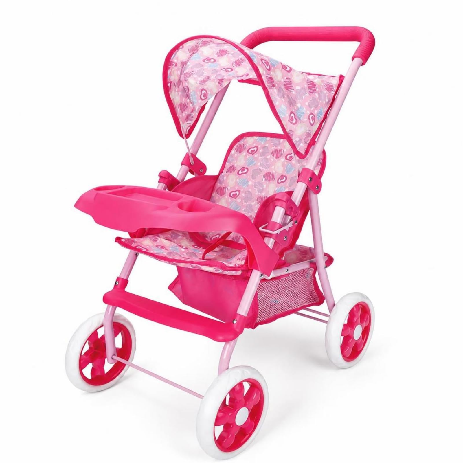 Cochecito de Juguete para Muñecas con, Cochecito De Hierro Engrosado con Bandeja De Comida, Asiento De Altura Ajustable, Estampado De Corazones