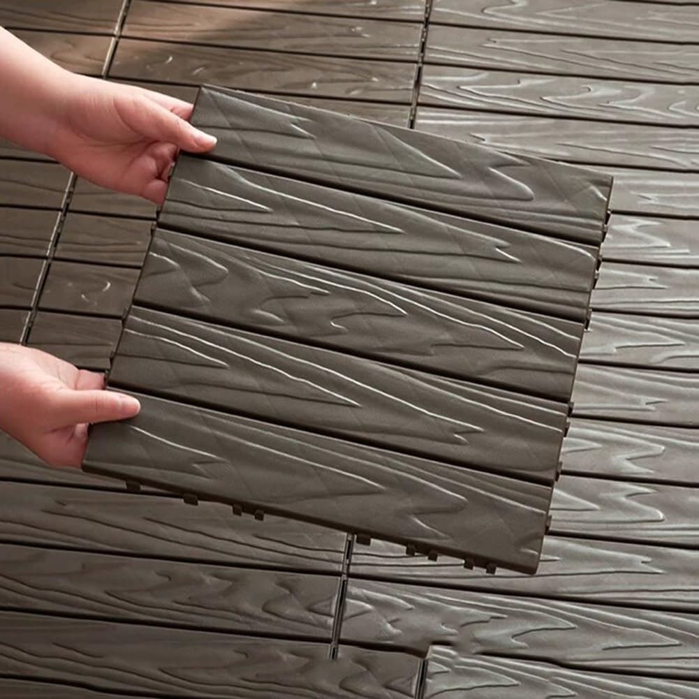 11 Pièces Dalles de Terrasse de Balcon en PVC avec Bois, Caillebotis de Patio Extérieur Imperméable Antidérapant À Clipser pour Porche Piscine, Utilisation par Tous les Temps(Coffee)