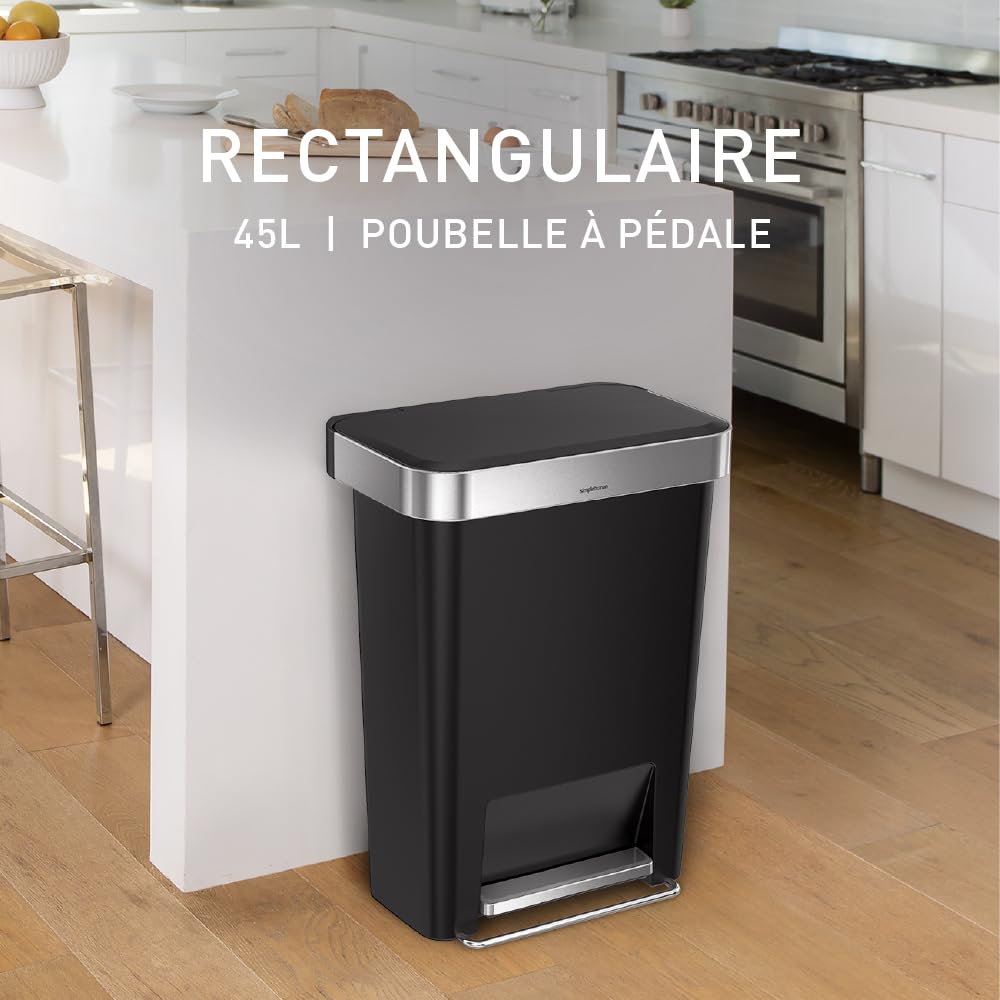 simplehuman CW1385CB poubelle rectangulaire à pédale, avec réserve à sacs, poubelle de cuisine, plastique noir, 45 litres | Rectangulaire, avec Pédale Robuste, Technologie Lid Shox®, Réserve à Sacs Intégrée, Code de Sacs Poubelle sur Mesure