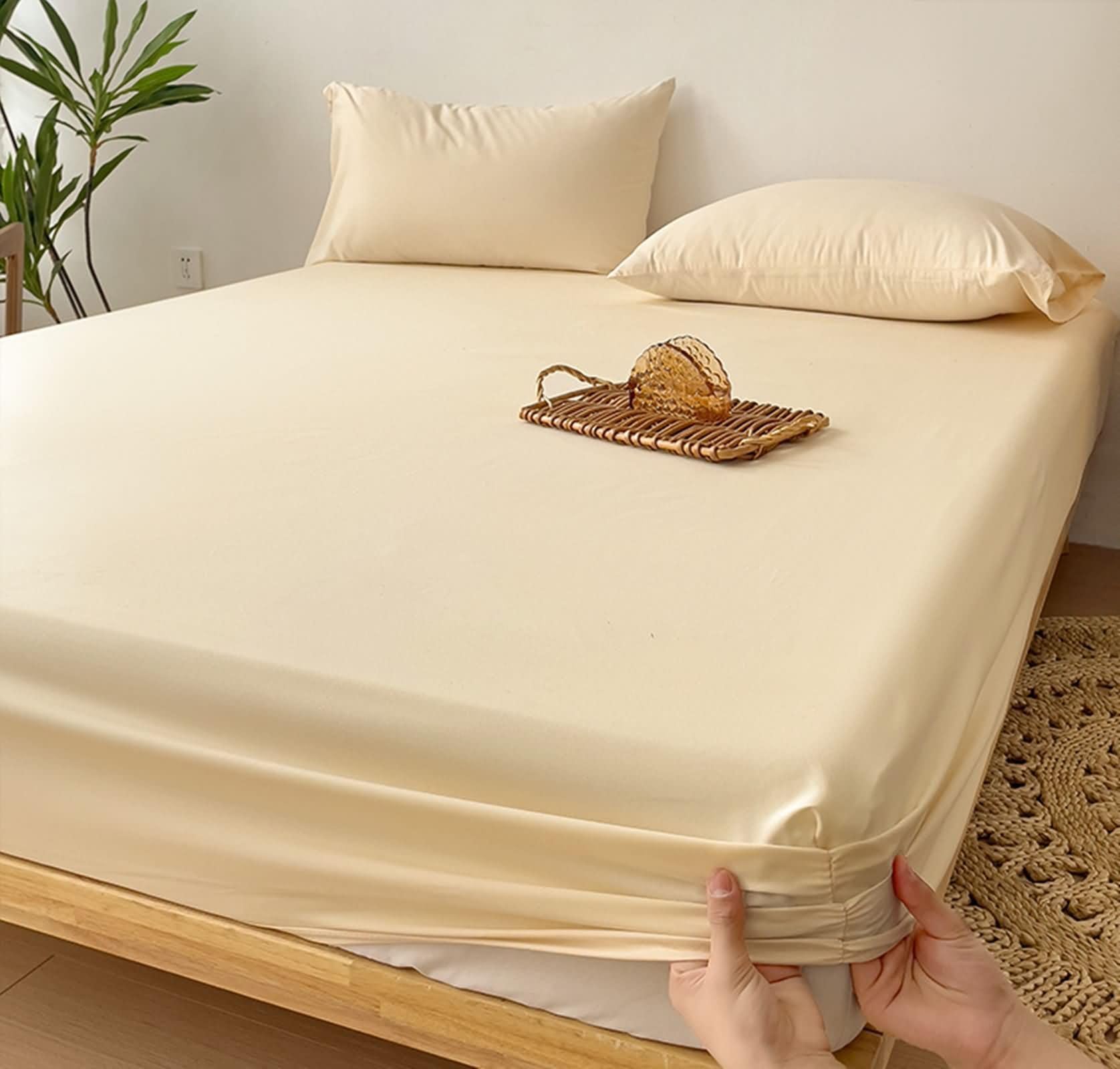 Drap Housse avec Élastique Fibre de Bambou Lit Double, Couleur Unie, 150 x 200 CM, Beige