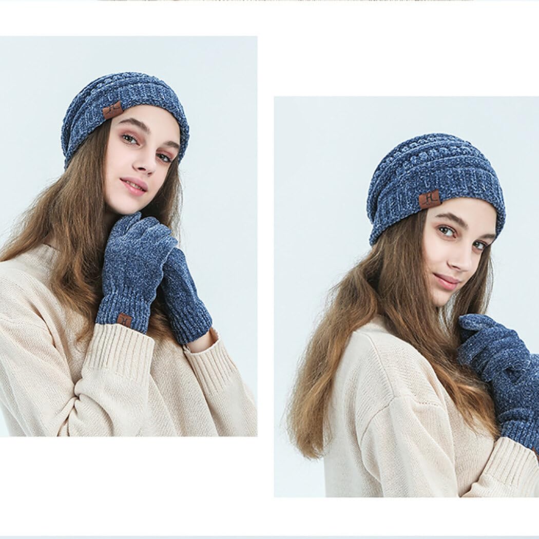 Unisex Pompon-Strick-Set, niedlich, dehnbar, Winterhandschuhe, Mütze, Fäustlinge