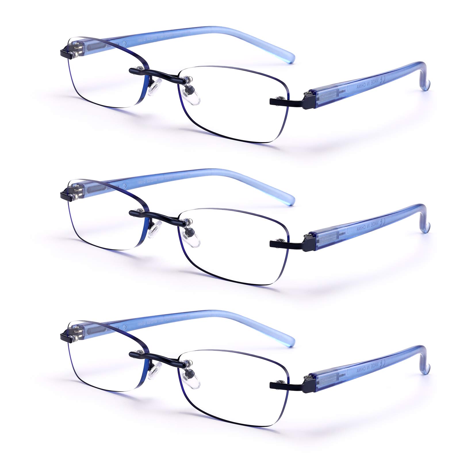 FEIVSN 3-Pack Rimless Reading Glasses For Women, Lightweight Spring Hinge Readers, Classic Elegant Artistic Eyeglasses UV 400 (Blue 1.0 Etc)