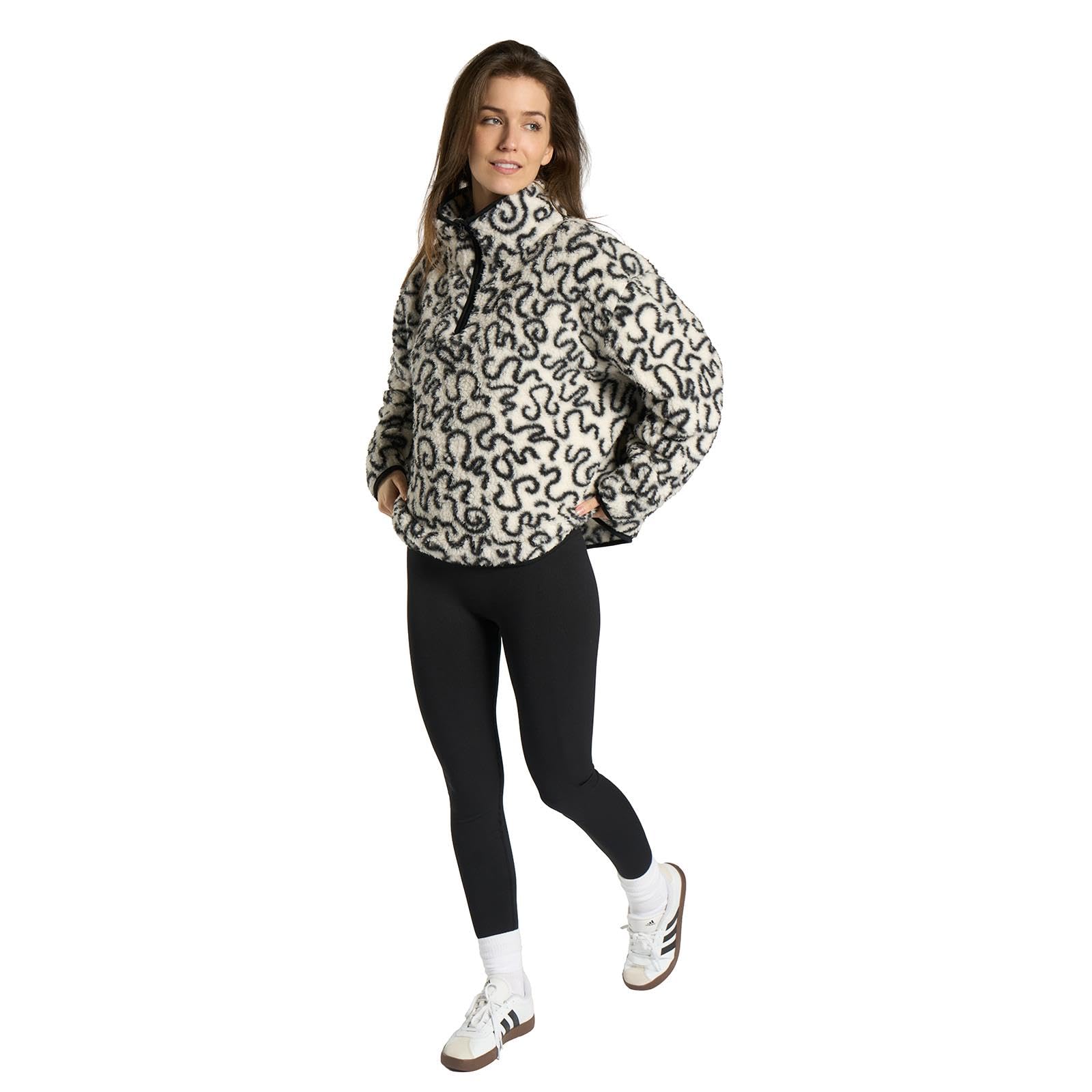 Ohs Women's Squiggle Print - Mono Fleece Jacket Half Zip, Squiggle Print Teddy Fleece Jacket Soft Cosy Warm Winter Clothing Jackets Sweatshirt Jumpers Long Sleeve Jackets Top For Outdoor, Mono - S/M