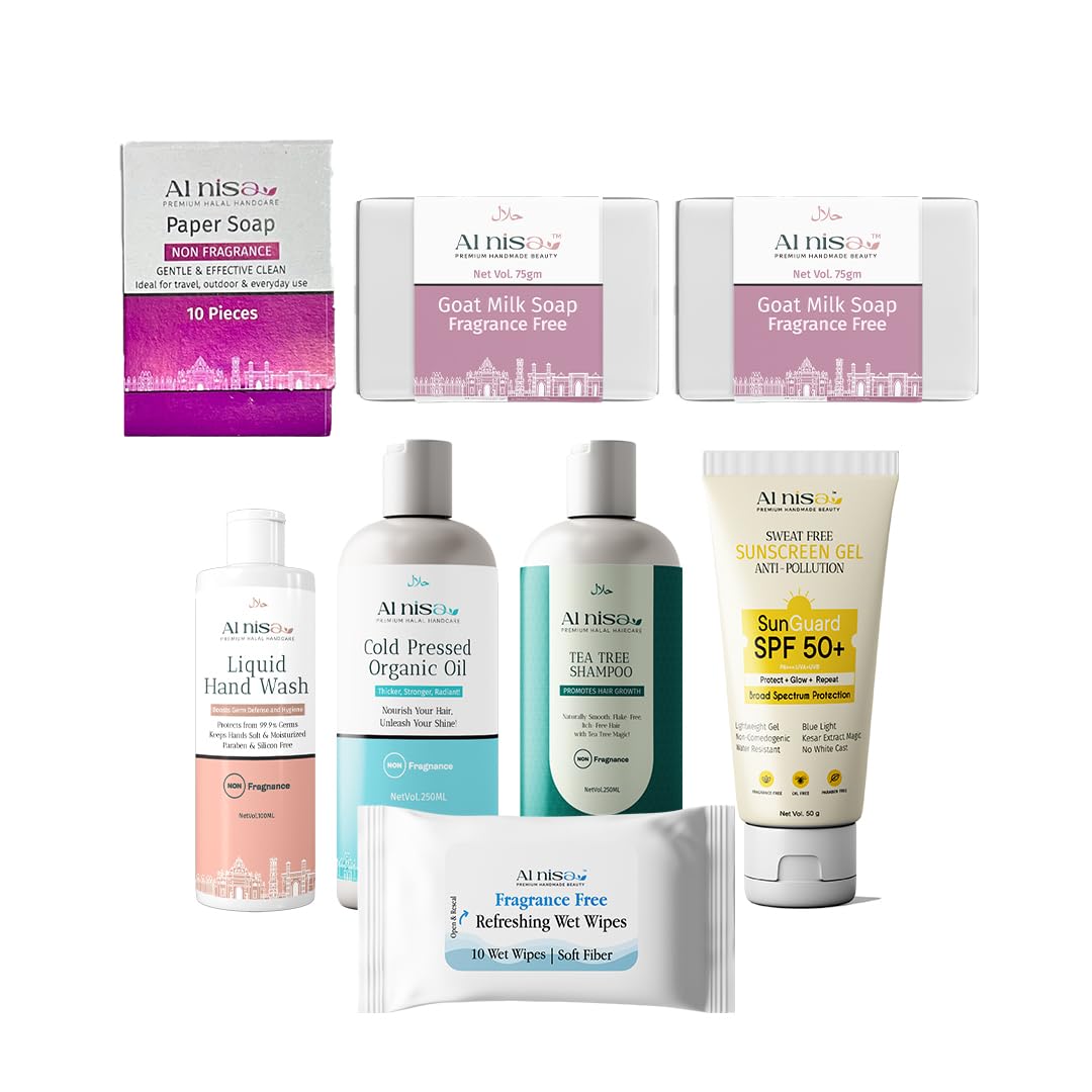AL NISA Hajj/Umrah Kit Fragrance Free Liquid Hand Wash 100ml, Fragrance Free Goat Milk Handmade Soap Set of 2 100gm each x 2, Organic Hair Oil 250ml, Sunscreen Gel Spf 50+, Hair Shampoo 250ml Combo Set of 6-image-45