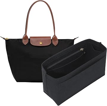 Purse Organizer Insert for Longchamp Le Pliage L Tote Bag, Felt Lightweight Long Champ Insert Large Tote Organizer with Cup Holder & Zipper, Bag Inner Shaper with 8 Deepened Pockets,L/Black
