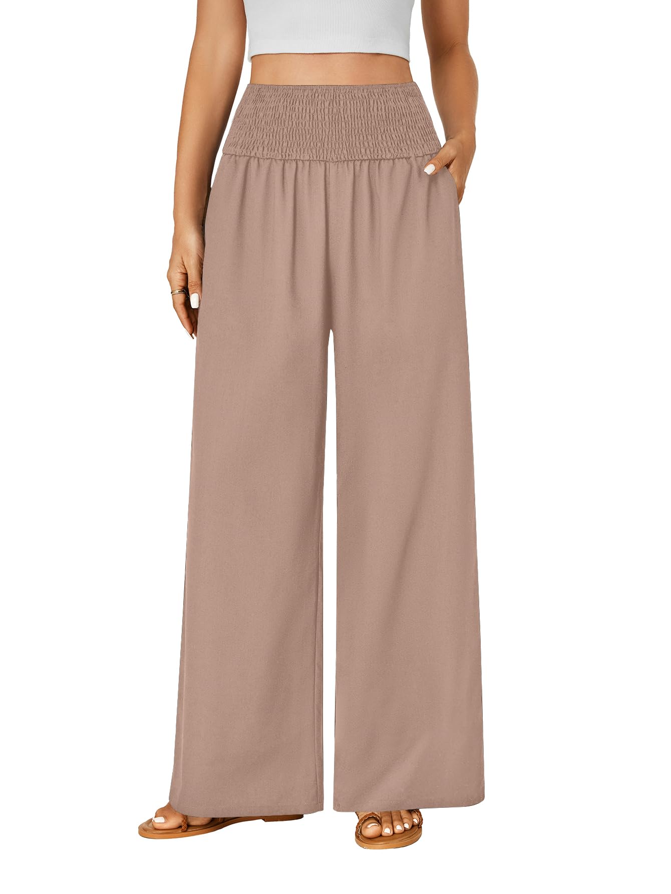 LYANER Womens Cotton Linen Palazzo Pants Elastic High Waisted Wide Leg Long Trousers with Pockets