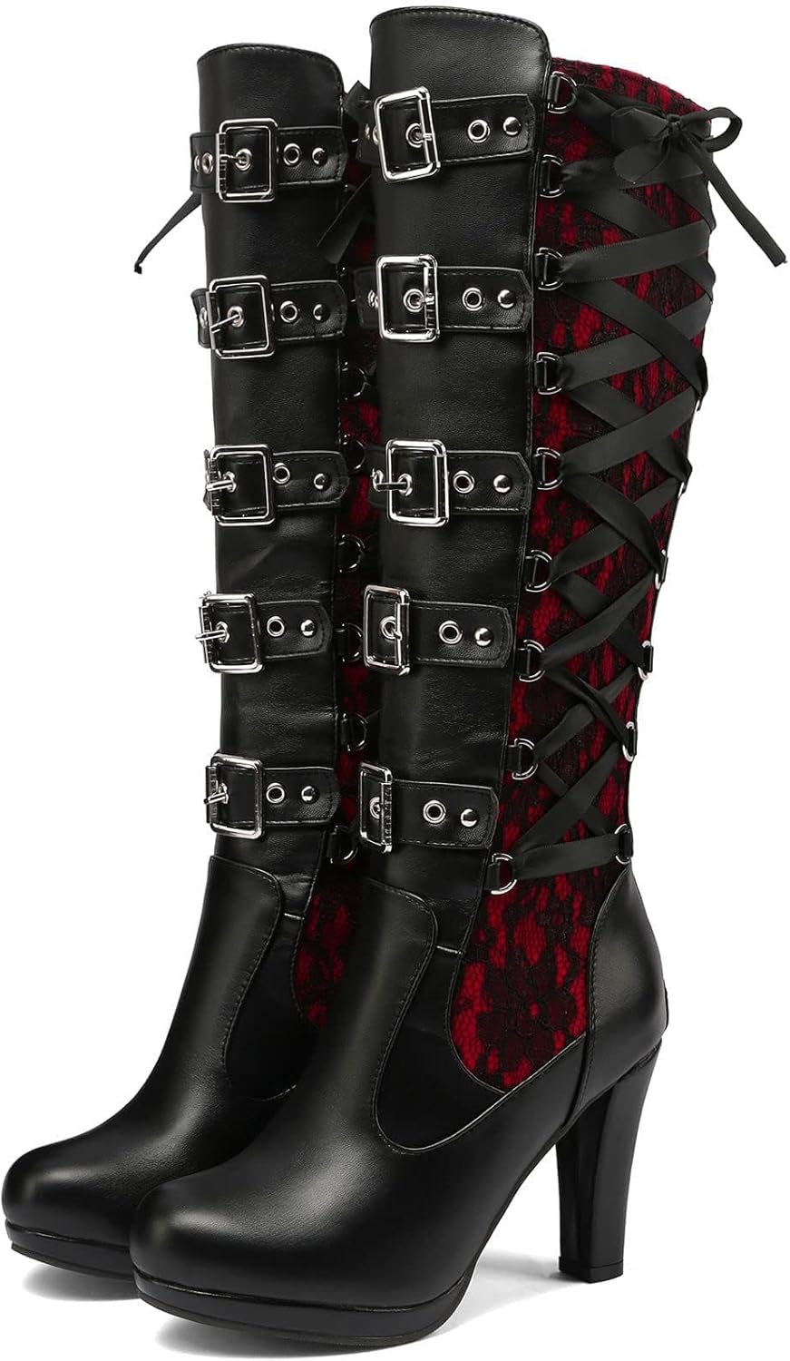 Lace Punk Knee High Boots for Women Back Zipper High-Heeled Combat Boots Buckle Block Heel Lace-up Black Goth Boots - Image 3
