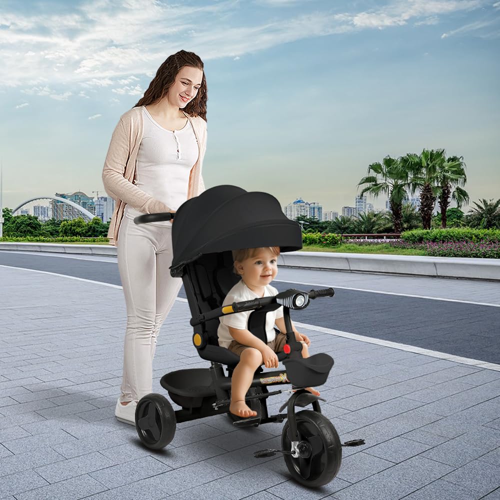 Tricycle Bébé évolutif 5 en 1 Vélo Poussette Bébé avec Siège Pivotant à 360°, Poignée de Poussée, Auvent Amovible, Ceinture de Sécurité à 3 Points, Rangement, 1 à 5 Ans (Noir, 5 en 1)