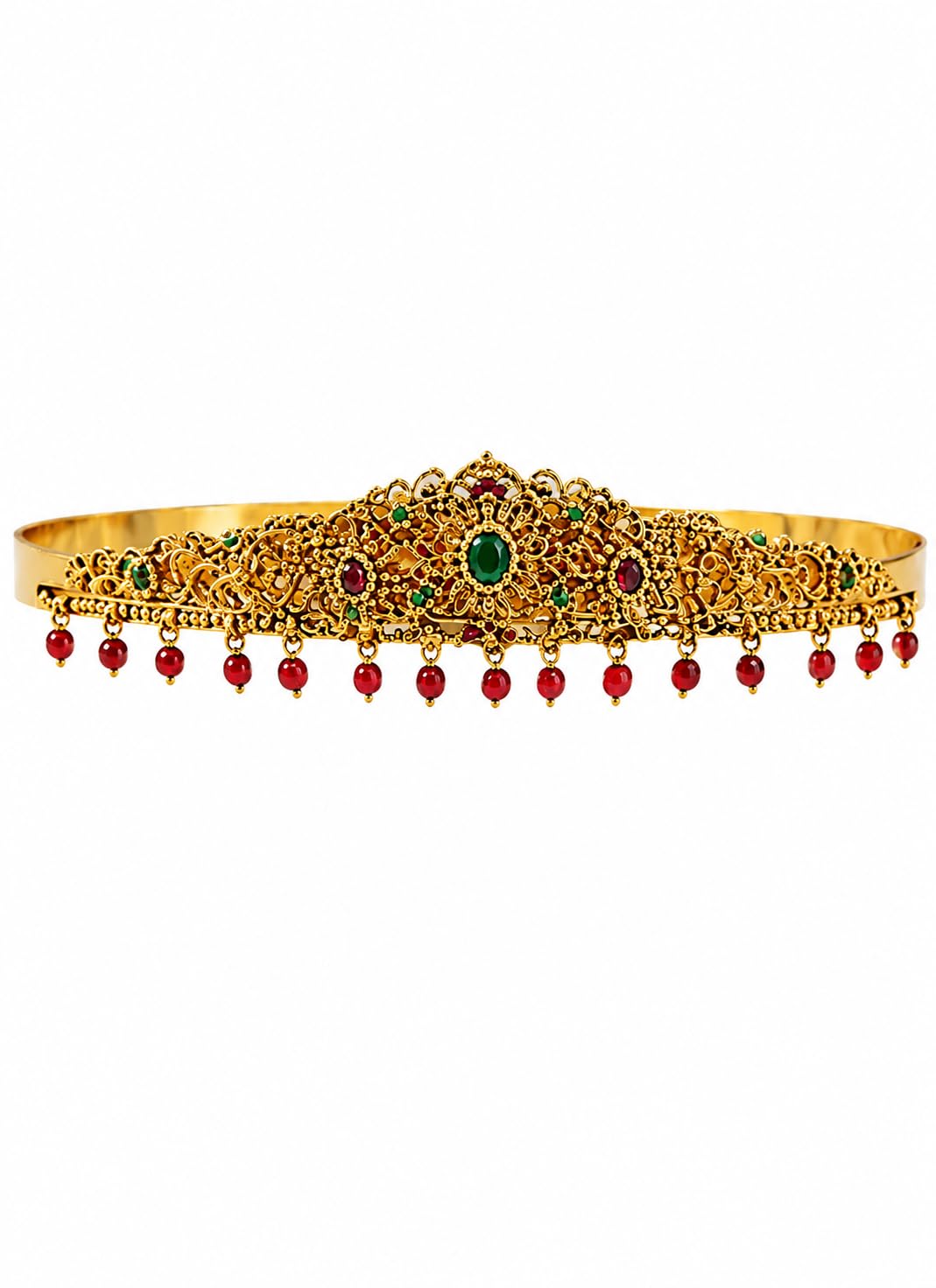 Waist Belt 1 Gram gold for Women Traditional Gold-Toned Floral Filigree Design with Ruby and Emerald Stone Drops-image-40