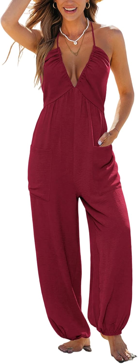 CUPSHE Womens Maxi One Piece Jumpsuit Plunging V Neck Sleeveless Casual Outfit Beach Overall Vacation Summer Long Romper