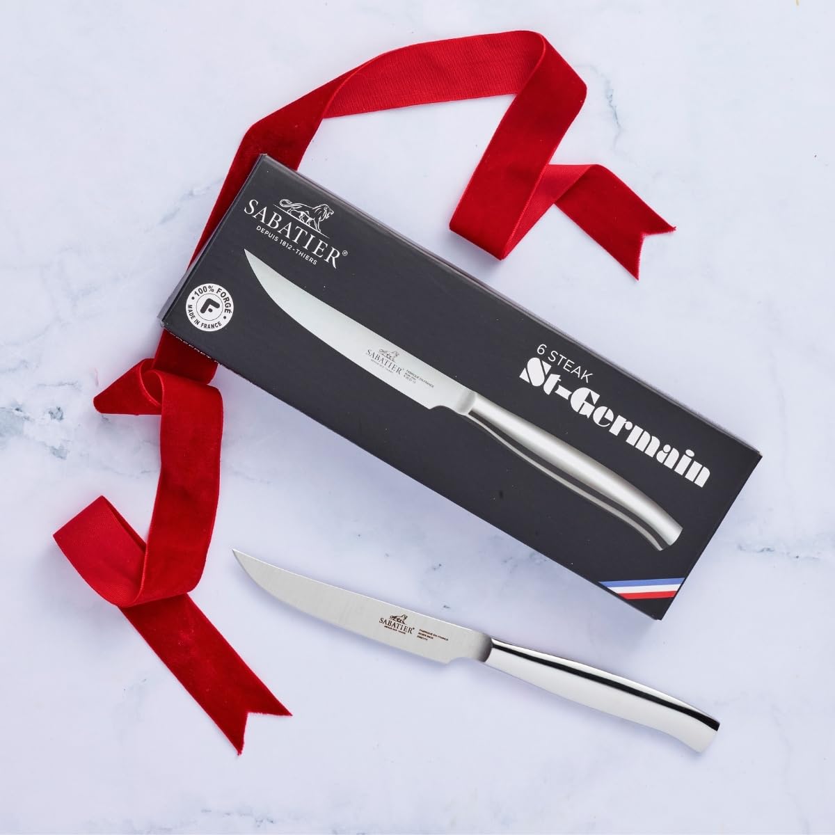 Sabatier - Coffret de 6 couteaux à Steak ST-GERMAIN 100% Forgé - 11 cm | Fabriqué en France, Lame lisse et Manche en Inox, Parfaits pour Trancher les Viandes Cuites avec Précision