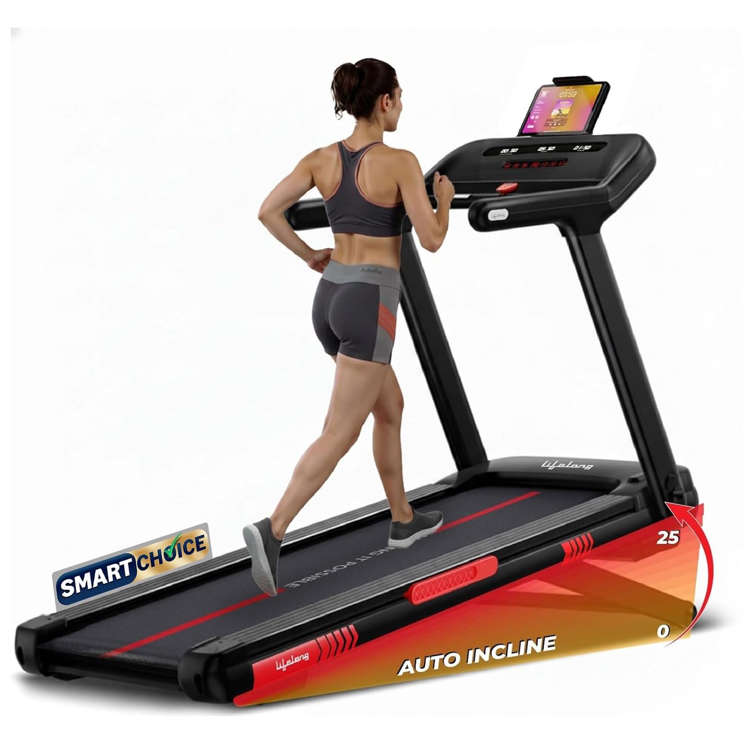 Lifelong 6HP Motorized Treadmill| 25 Levels Auto Incline | LED Display| Foldable | Max Speed 15 km/h | 150 kg Capacity | Brushless Motor Treadmill for Home Workouts | Bluetooth Speaker & FitShow App