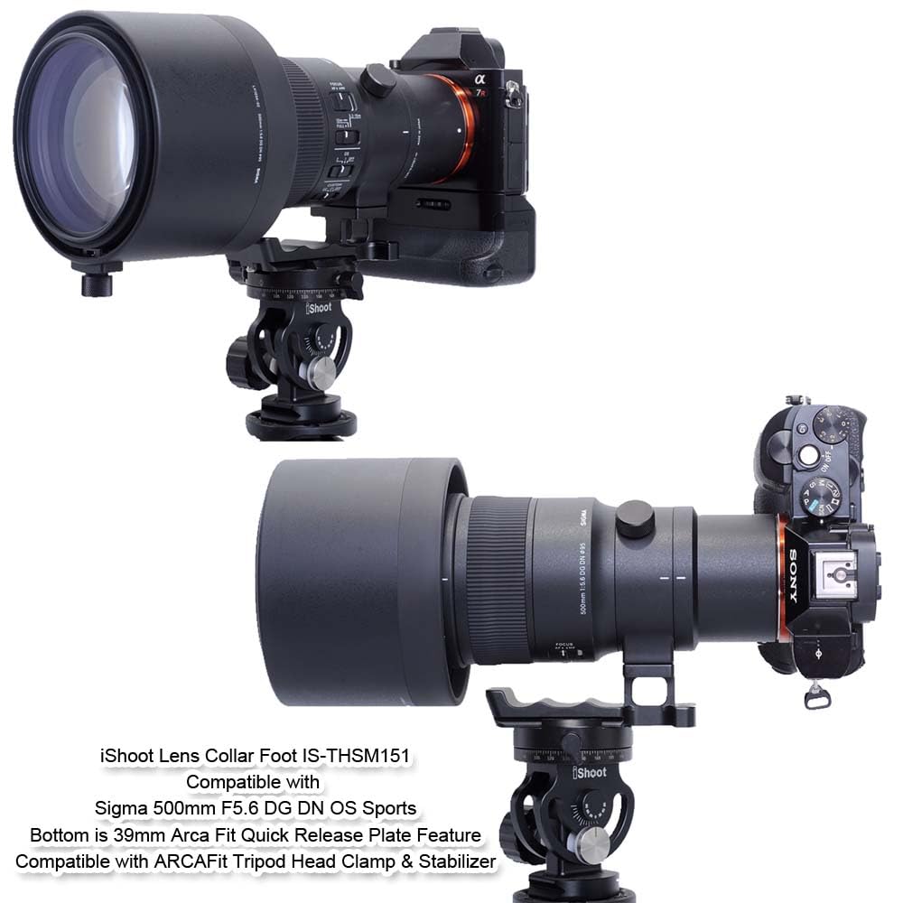 iShoot Base ad anello di ricambio per treppiede compatibile con Sigma 70-200 mm F2.8 DG DN OS Sports e 500 mm F5.6 DG DN OS Sports, staffa di supporto con piastra a sgancio rapido Arca-swiss Fit