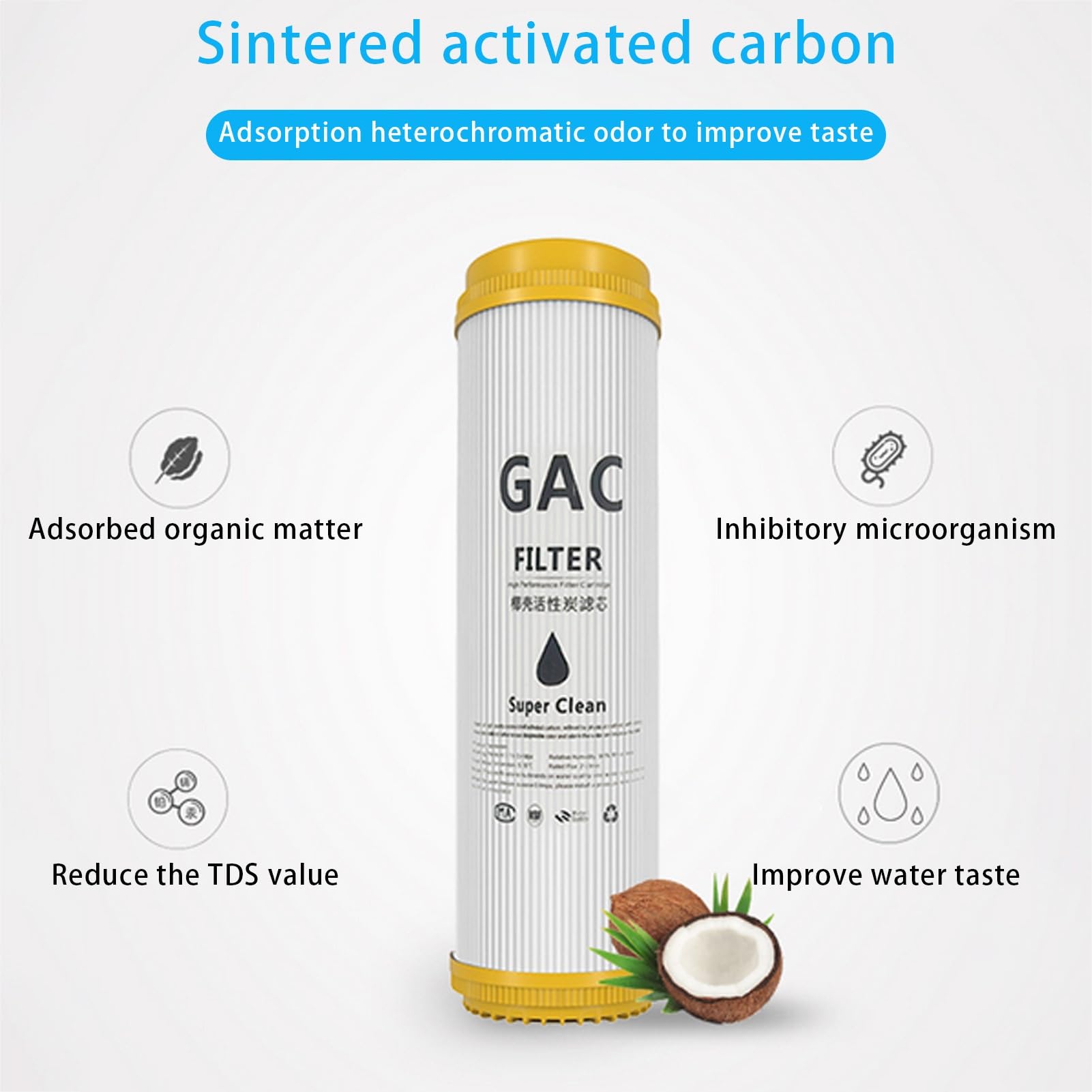 GAC - Cartuccia filtrante per acqua, carbone attivo con guscio di cocco ad alto valore di iodio, set universale T33, per sistema di osmosi inversa sotto il lavandino