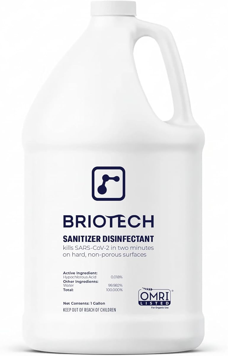 BRIOTECH Sanitizer Disinfectant Hypochlorous, Kill 99.99% of Viruses & Bacteria, Control Mold, Eliminate Odor, Gentle for Nursery & Play Rooms, Food Contact Surface Sanitizer, 1 Gallon Refill