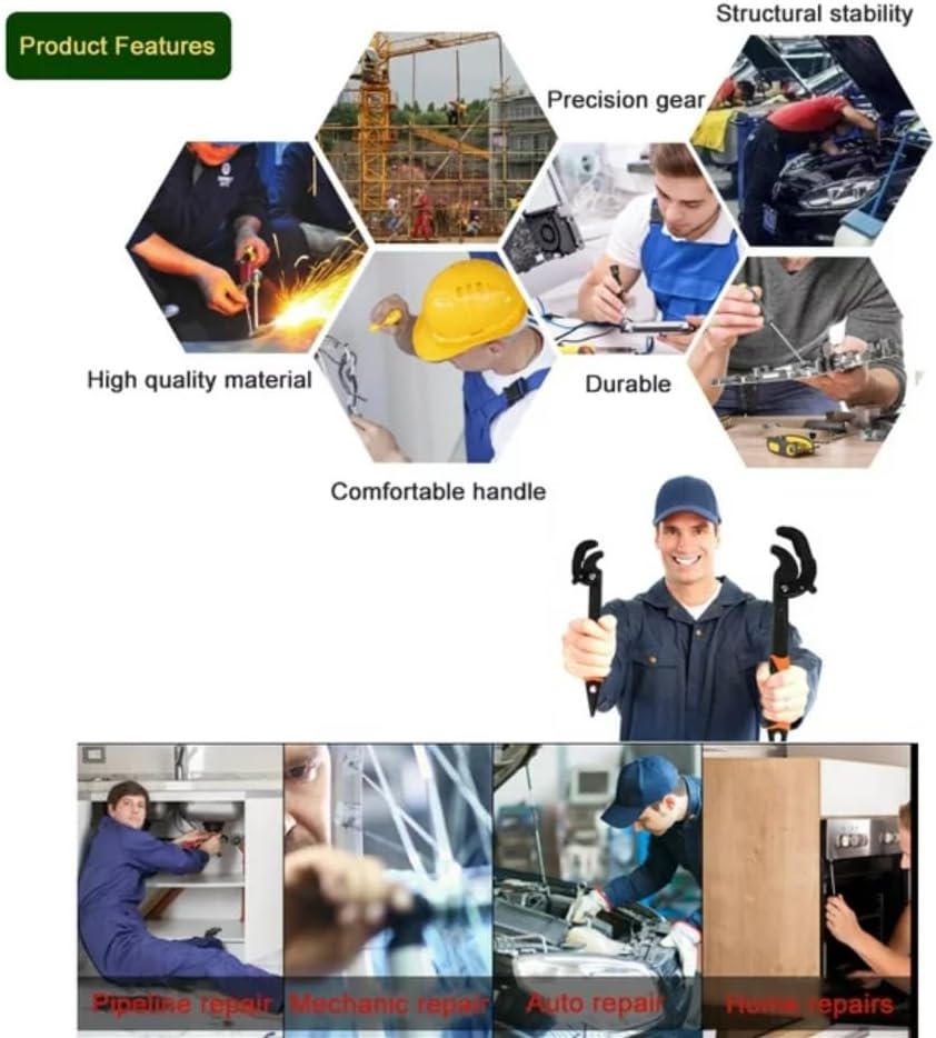 Miniatura 9 de JTZXJJX Juego de llaves universales multiusos de 2 piezas, llaves ajustables de 10.5 y 15 pulgadas, llaves de tubo de agarre eléctrico para