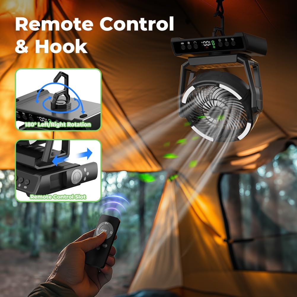 VOSFEEL M01 Rechargeable Camping Fan hanging from a tent, with a remote control shown in hand and a dedicated slot for the remote on the fan base.