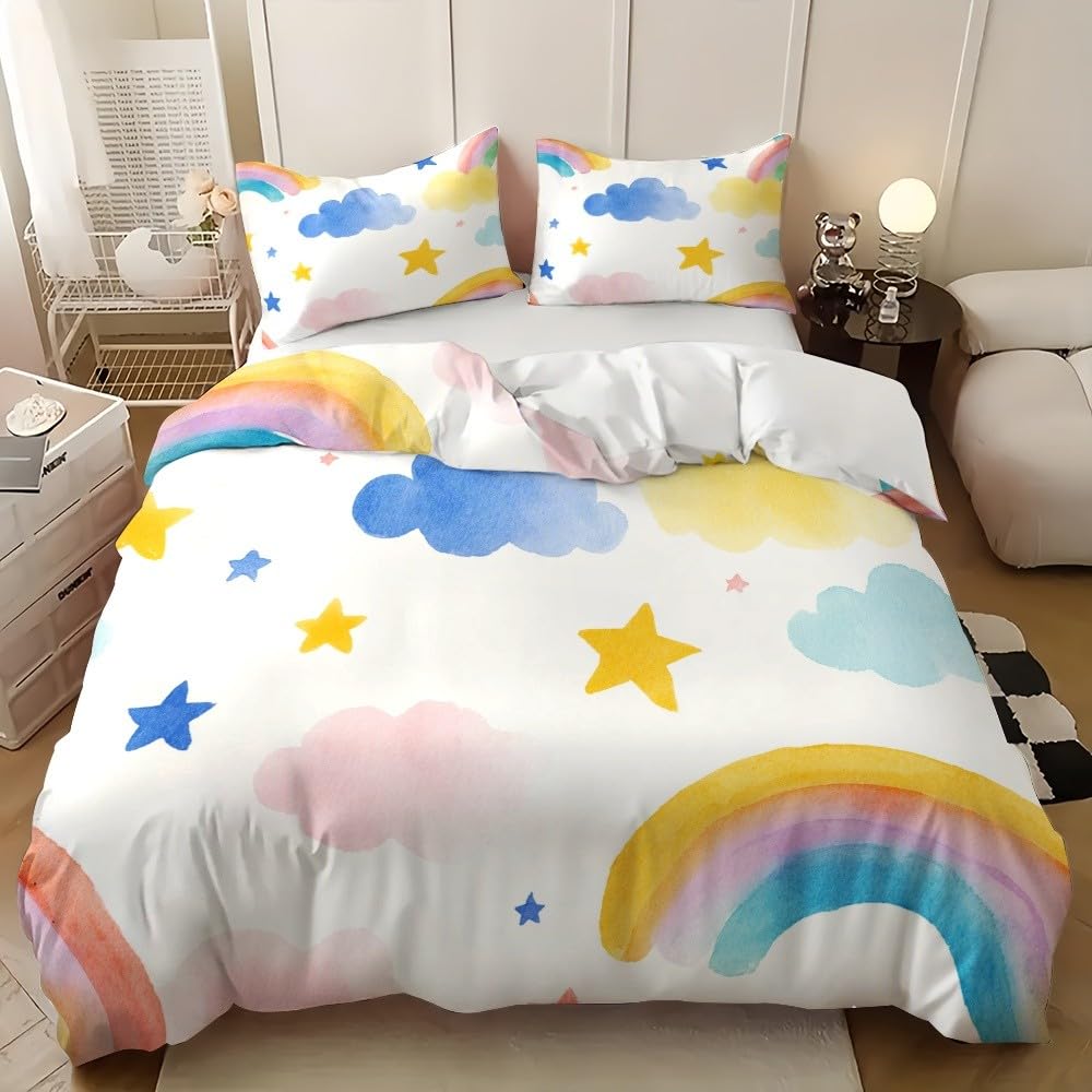 Parure de lit enfant dessin animé avec housse de couette 90x190 et 2 taies d'oreiller arc-en-ciel