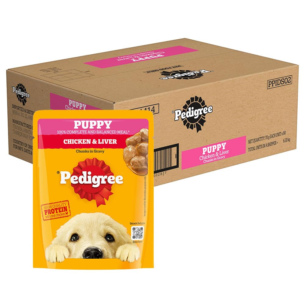 - Puppy Wet Dog Food, Chicken Chunks in Gravy, 70 g (Pack of 90), Complete & Balanced Meal for Puppies