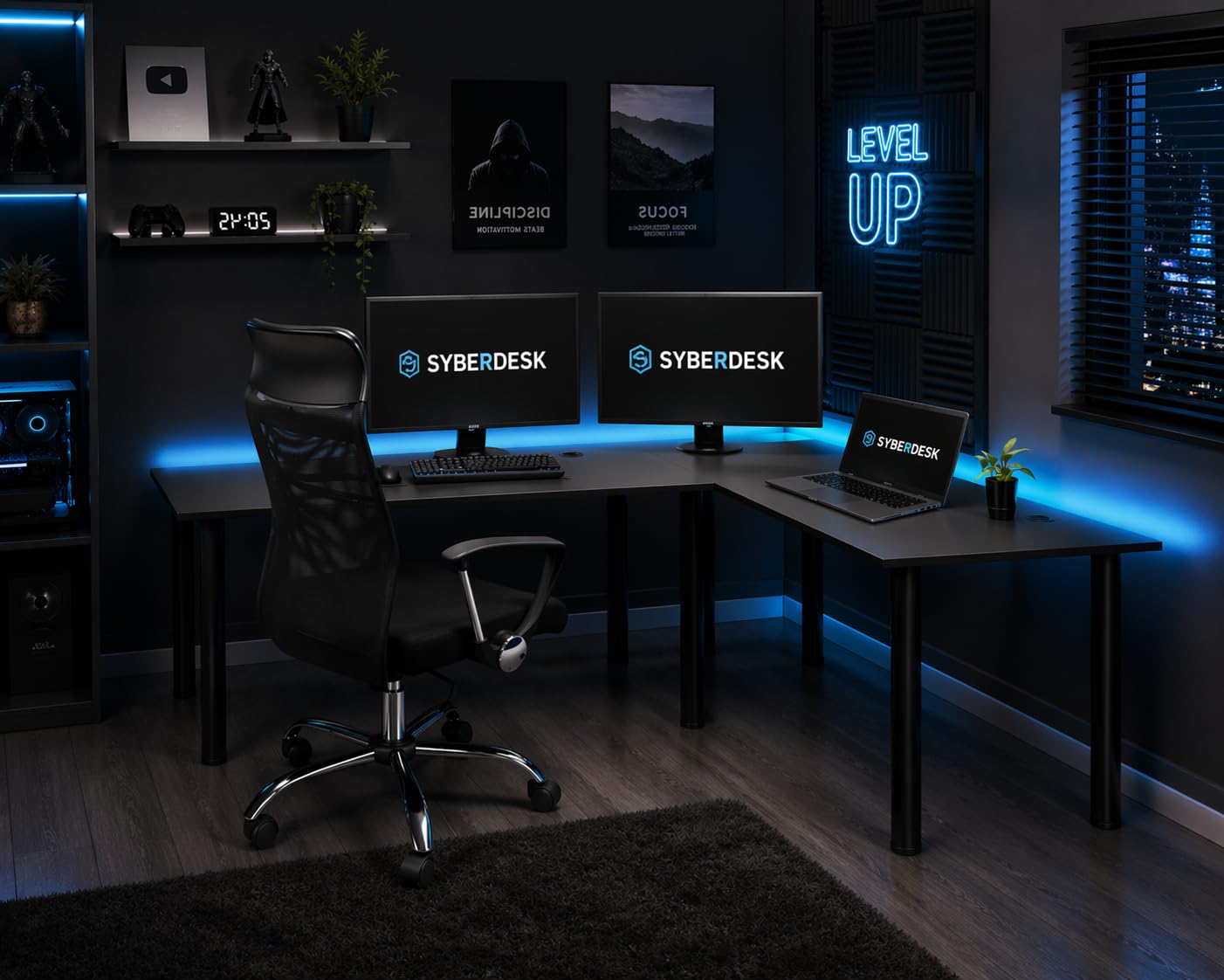 Gaming Pro LED Biurko narożne, 185 x 120 cm, z diodami LED, duże biurko komputerowe, solidne (prawe)