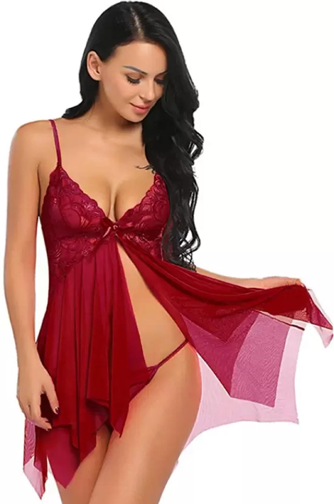 Women's Babydoll Lace Net Dress with Matching Panty | Self Design Nightwear | High Gloss Finish | Free Size | Colors: Blue, Black, Light Blue, Maroon, Pink, Dark Green-image-4