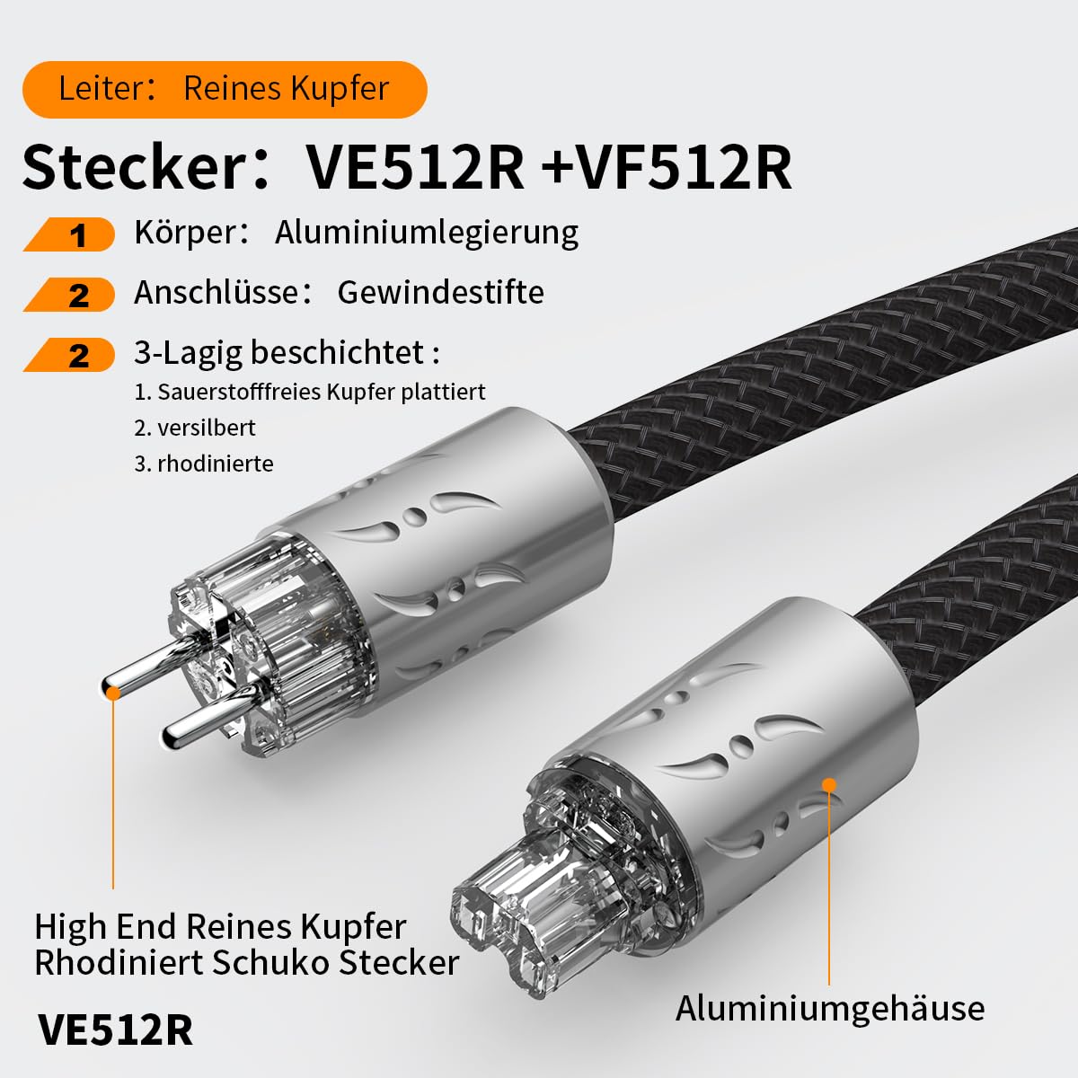 Viborg Netzkabel High End Stromkabel 1.8 Meter Kupfer Schirmung mit Schukostecker & Kaltgerätekupplung für Subwoofer, Verstärker, DV/AV