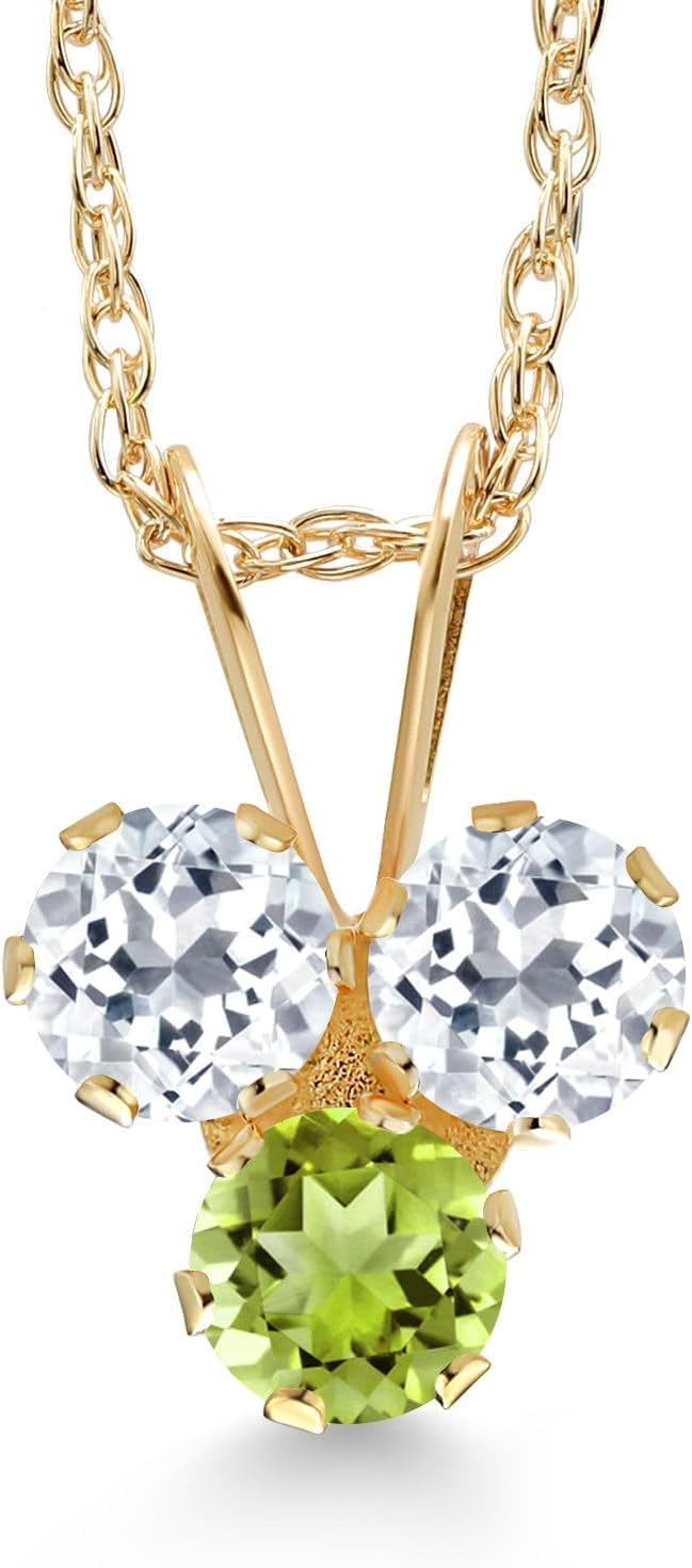 Gem Stone King 14K Yellow Gold White Topaz and Green Peridot 3-Stone Pendant Necklace For Women (0.40 Cttw, Gemstone November Birthstone, Round 3MM, 18 Inch Chain)