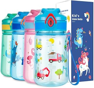 Bobicon Kids Water Bottle with Straw,Child Water Bottle 420ml, BPA Free Tritan Leak Proof Cute Bottle, Easy Clean Carry Strap for School Outdoors